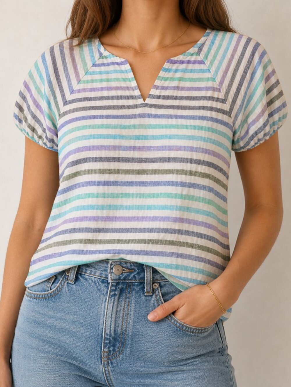 Tahari Top Shirt Womens XL Stripes Linen Boxy Short Sleeve Beach Lightweight